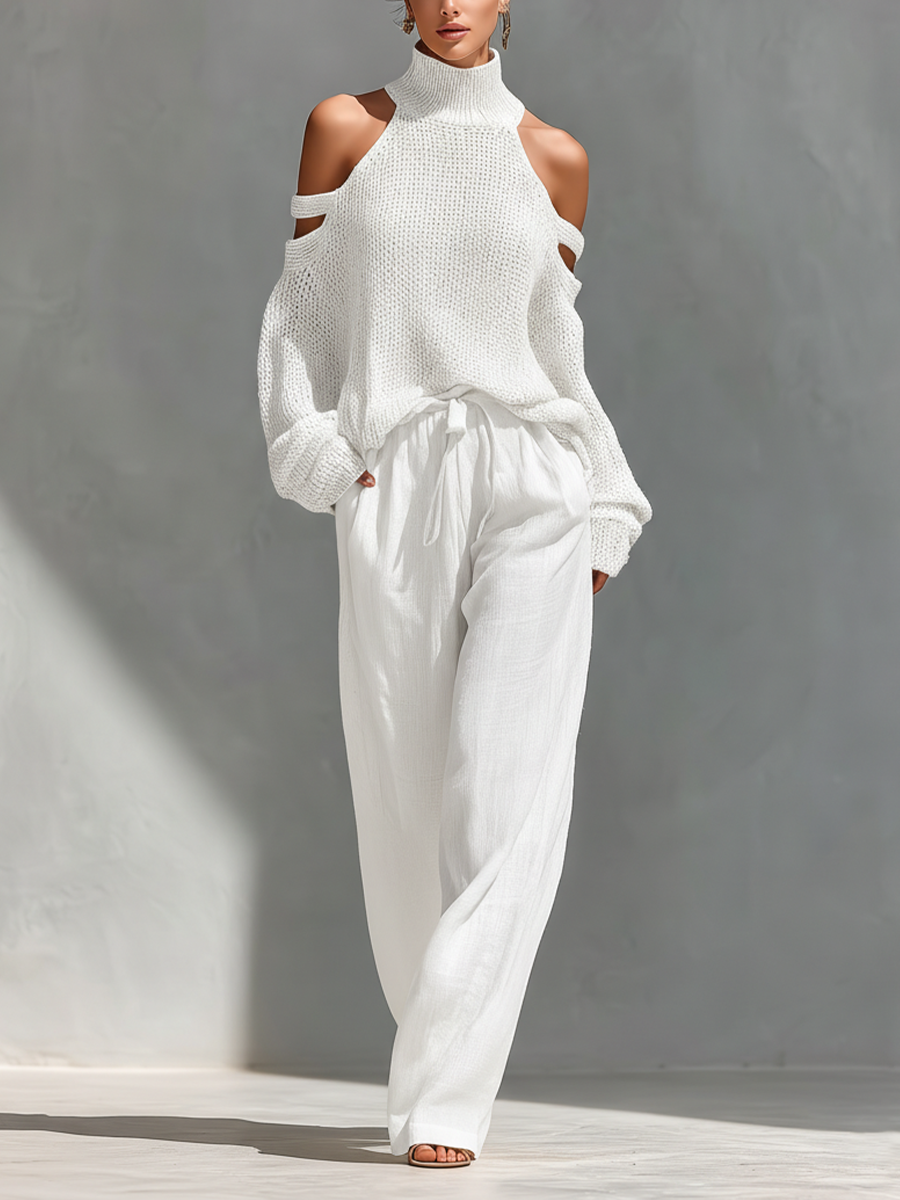 Dames Beigekleurige Gebreide Katoenen Cold-Shoulder Coltrui & Wijde Broek Set MDZ0984A5T