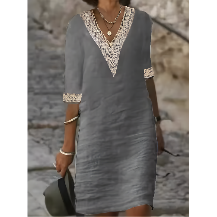 Isabeau™ | Midi Jurk met V-hals en Contrasterende Kantdetails