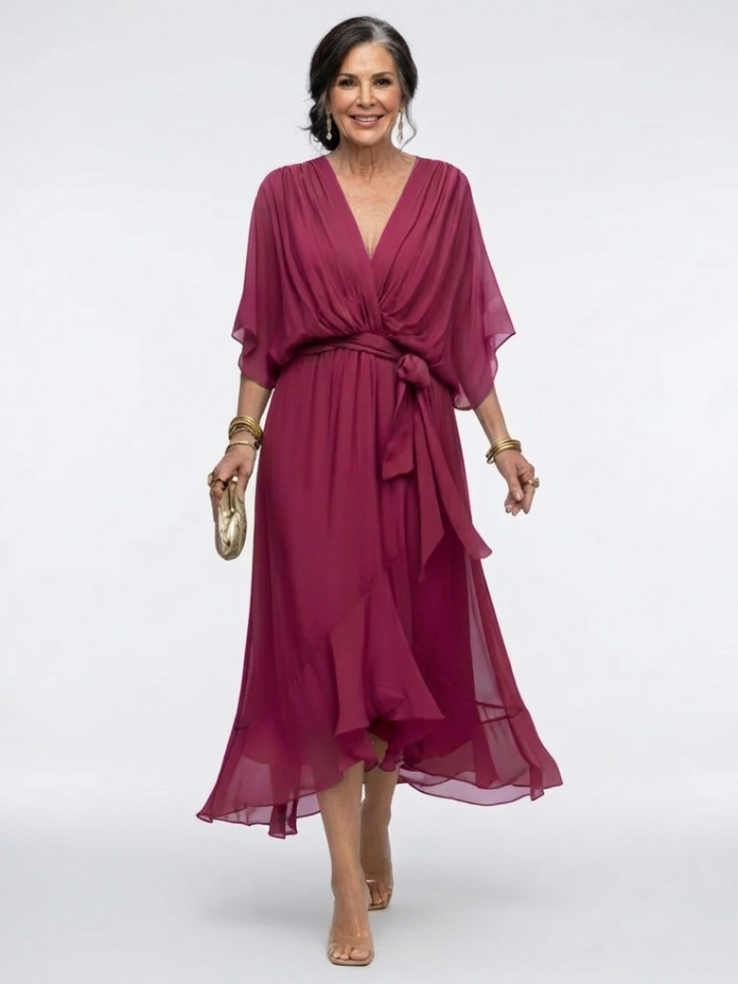 Elysia | V-hals Drapeer Taille Midi-jurk