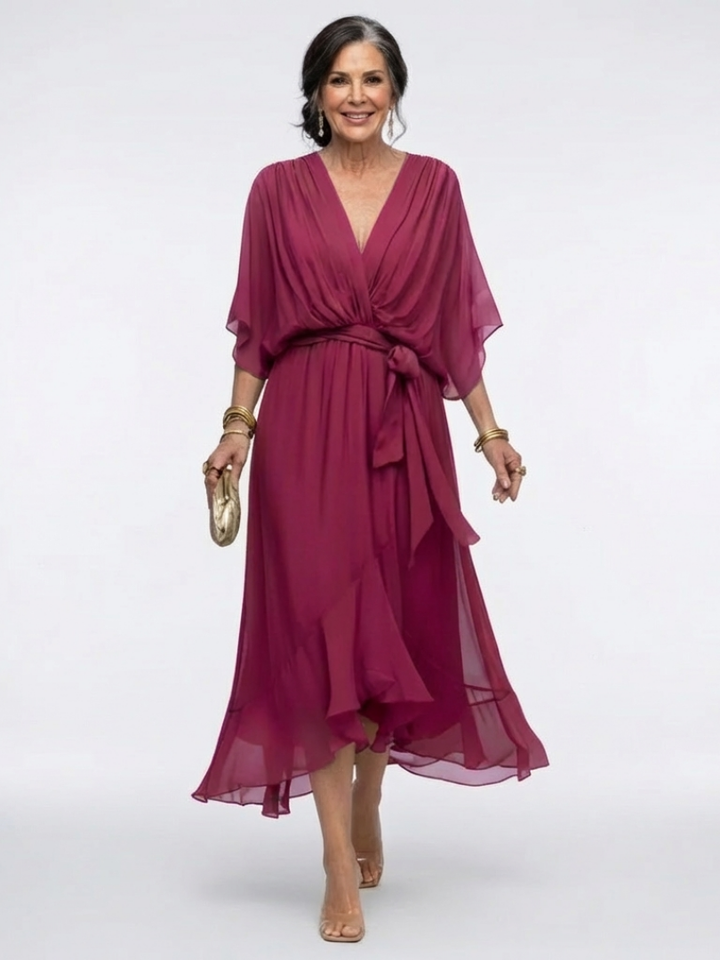 Elysia | V-hals Drapeer Taille Midi-jurk