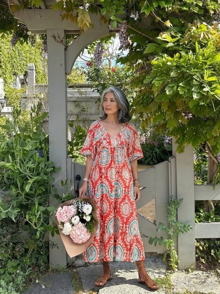 Zaria | Paisley-Print V-Hals Korte Mouw Midi-Jurk