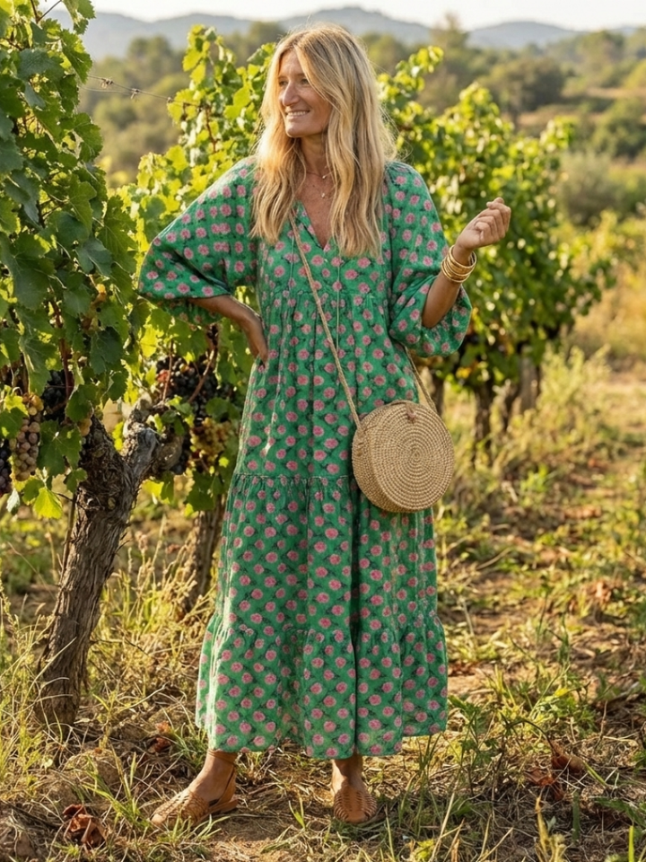 Fiora | Bloemenprint V-hals Laag Midi Jurk