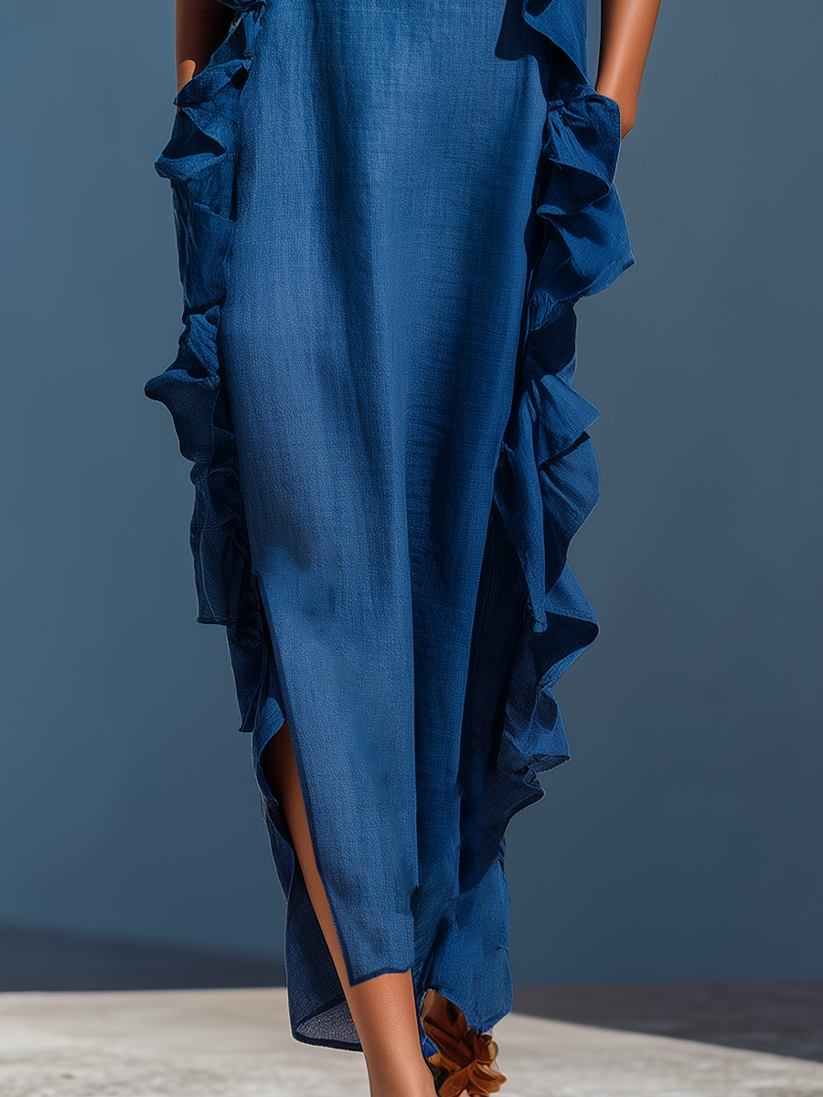 Dames Blauwe Linnenmix Spaghetti Strap Ruffle Trim Maxi Jurk Met Split MDZ2407D1T