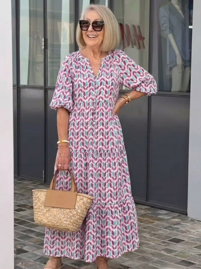Mireya | Geometrische Print Lange Mouwen Tiered Midi Jurk