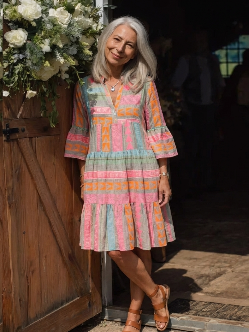 Maelle | Geometrische Print V-hals Stufenjurk in Knie-lengte
