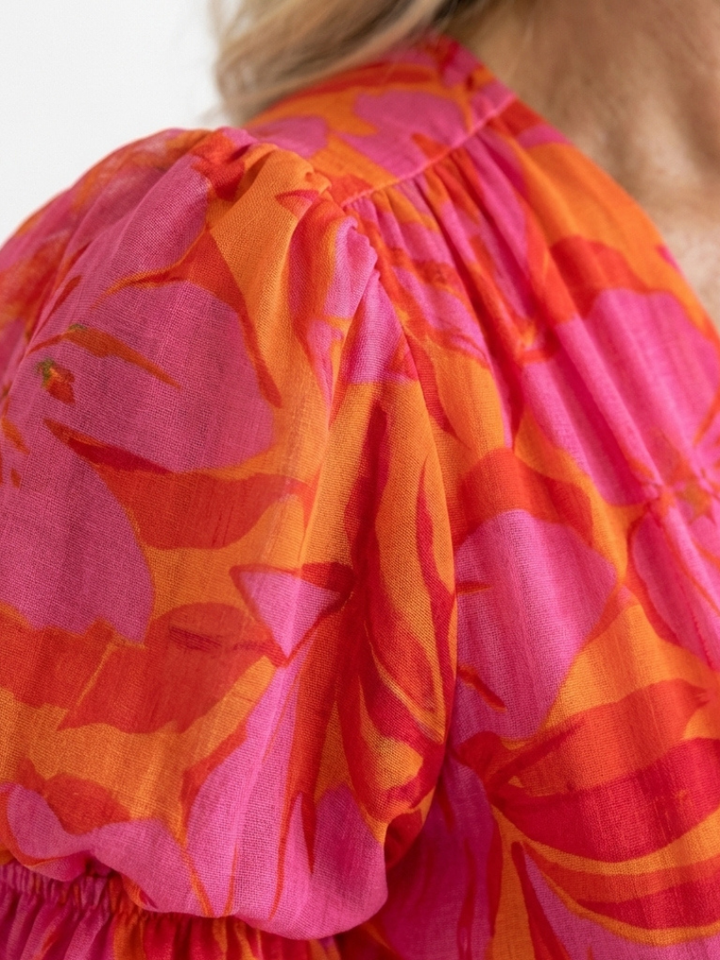 Wilg | Bloemige V-hals Midi-jurk met Puffmouwen