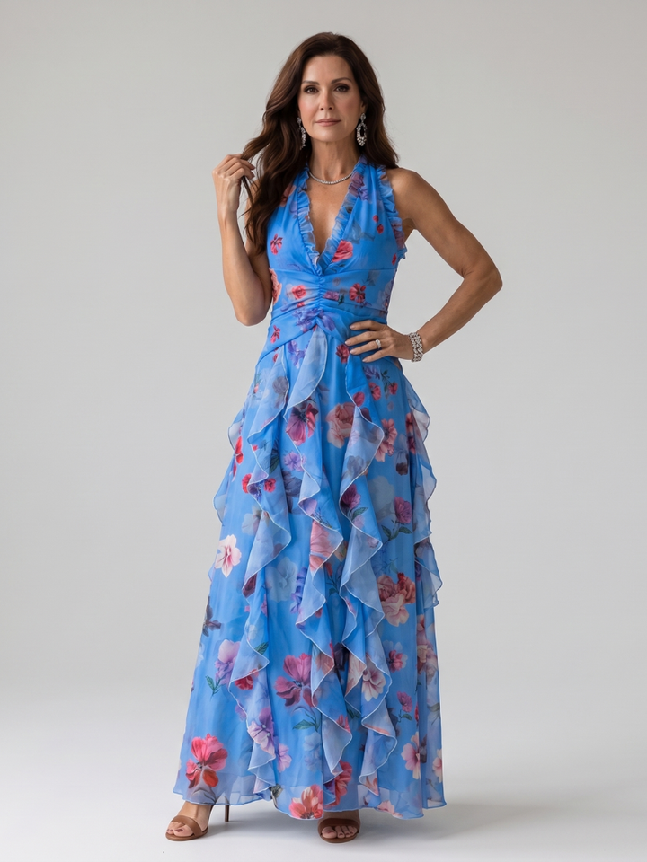 Nori | Halter Neck Gerimpelde Bodice Bloemen Maxi Jurk