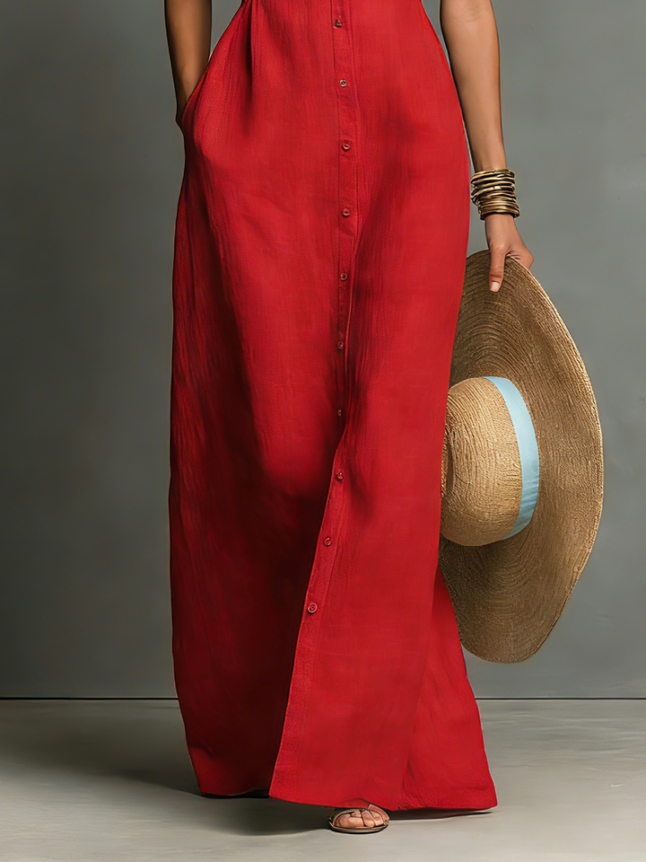 Dames Minimalistische Linnenmix Kraagloze Enkele Borst Mouwloze Maxi Hemdjurk MDZ1011C0Y