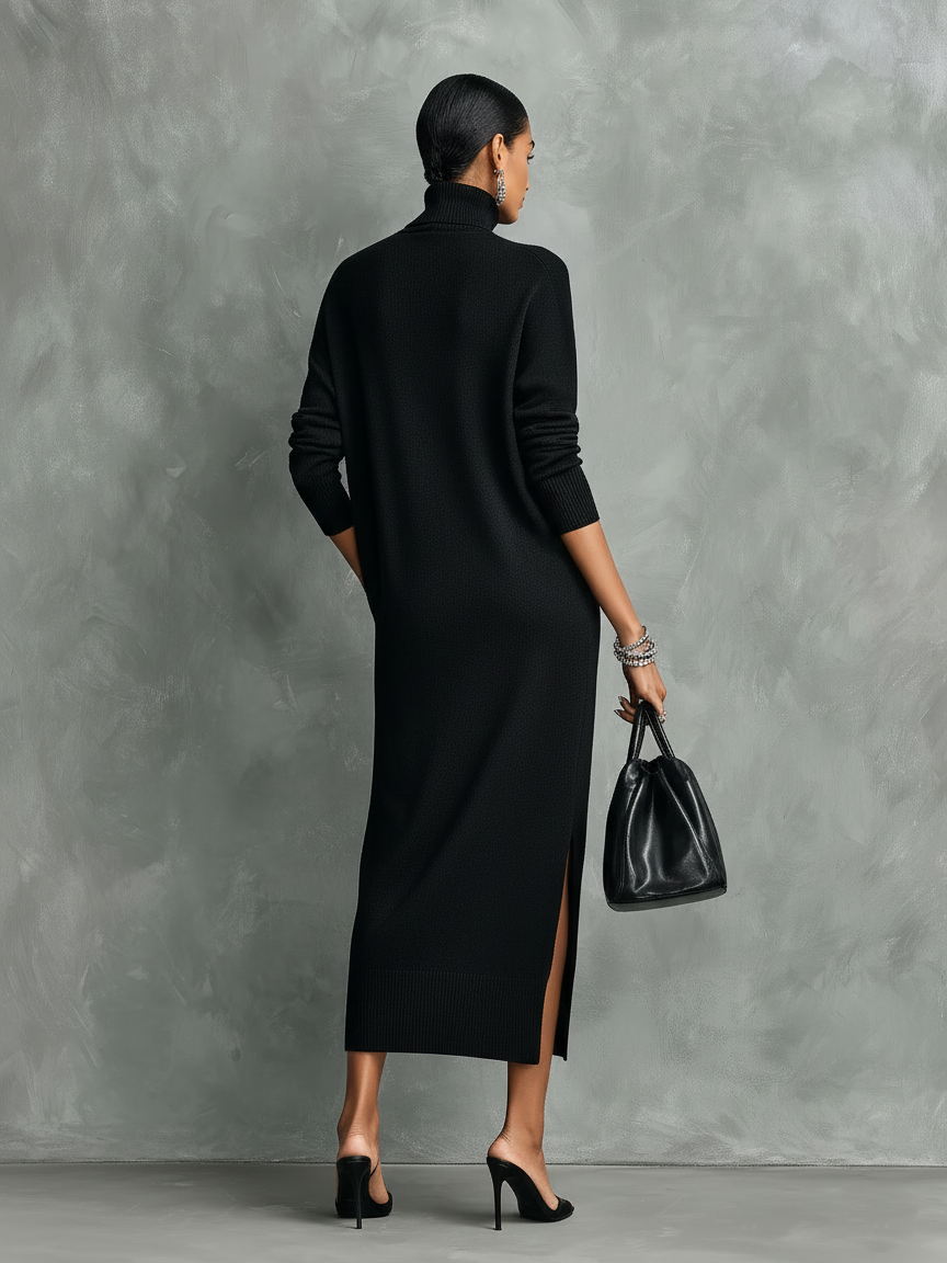 Dames Elegante Zwarte Gebreide Col Lange Mouwen Losvallende Midi Jurk Zonder Zakken MDA1974L7AN