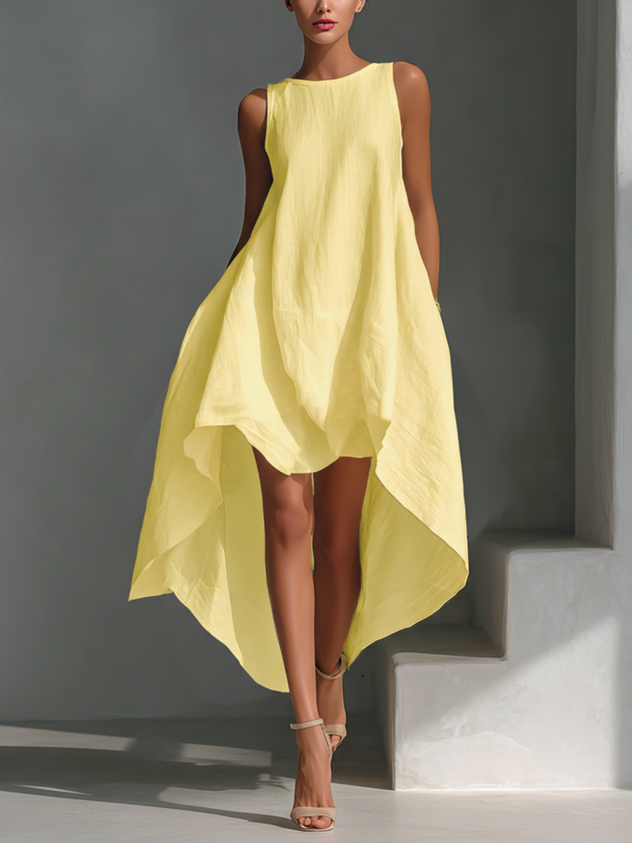 Vrouwen Witte Linnen Stoffen Mouwloze Midi Jurk Met Ronde Hals & Asymmetrische Zoom MDZ0987B9T