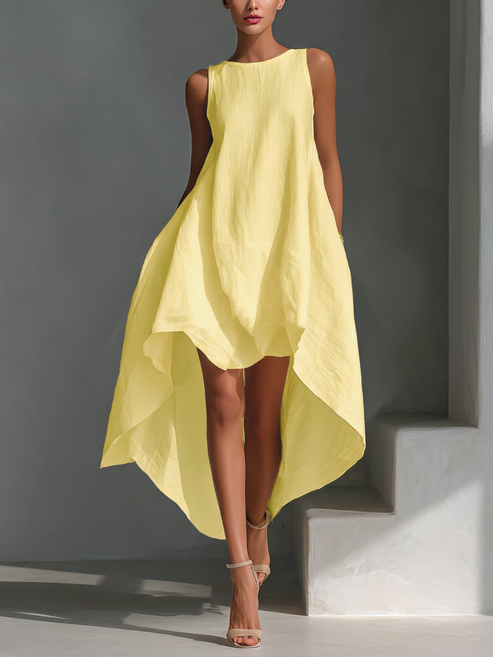 Vrouwen Witte Linnen Stoffen Mouwloze Midi Jurk Met Ronde Hals & Asymmetrische Zoom MDZ0987B9T