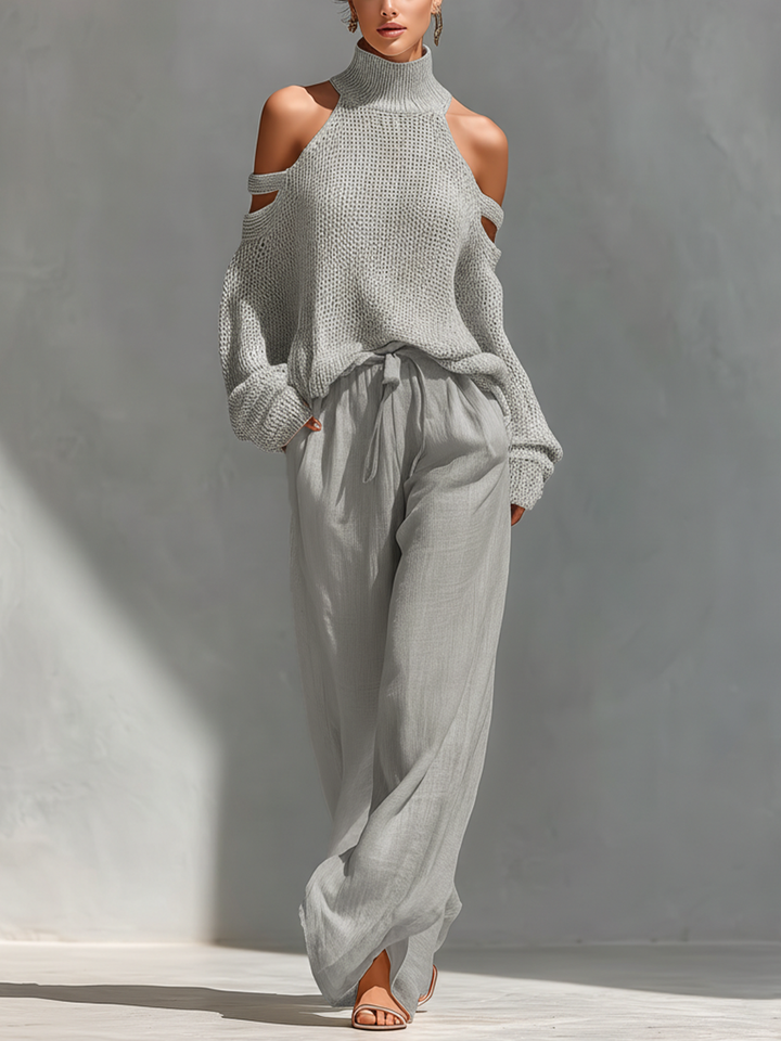 Dames Beigekleurige Gebreide Katoenen Cold-Shoulder Coltrui & Wijde Broek Set MDZ0984A5T