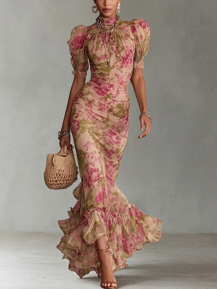 Fiora - Lange jurk met vintage rozenprint en puffmouwen