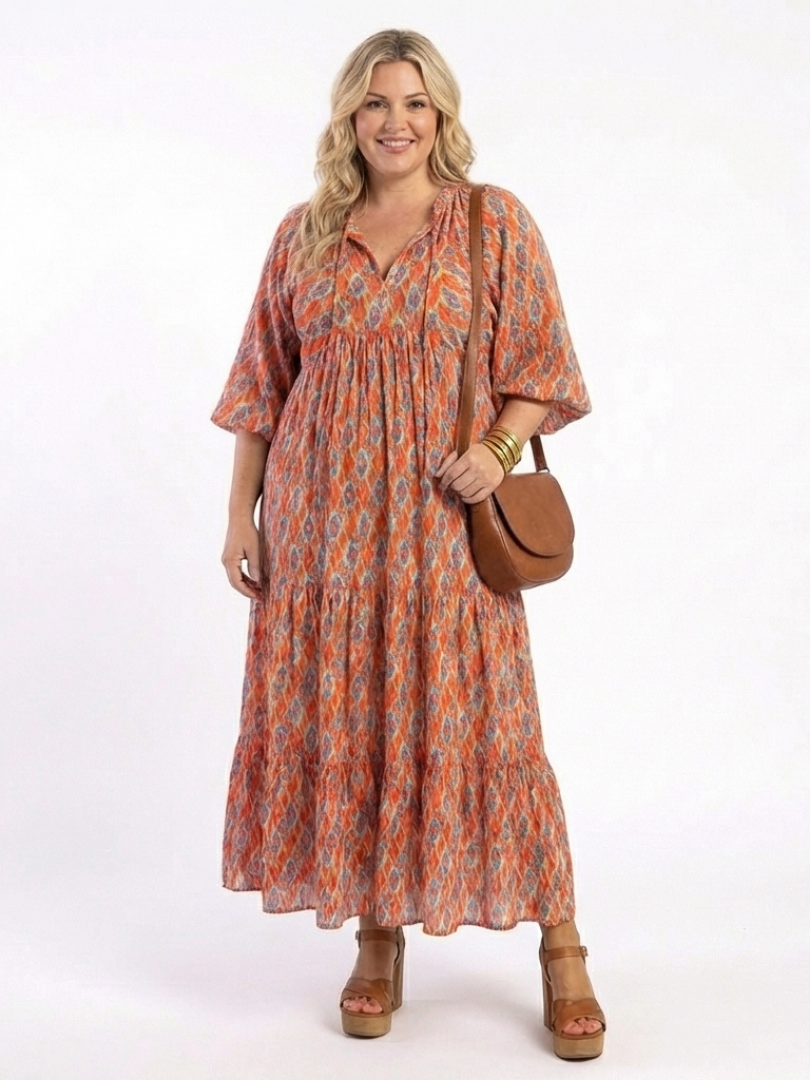 Amara | Geometrische Print V-hals Laag Midi-jurk