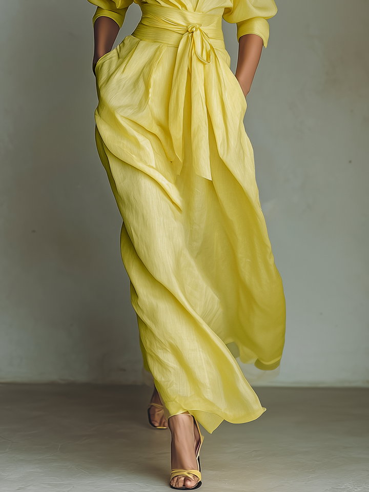 Dames Maxi Shirt Jurk In Citroengeel Katoen En Linnenmix Met Strik Taille & Halve Mouwen MDZ2884A4T