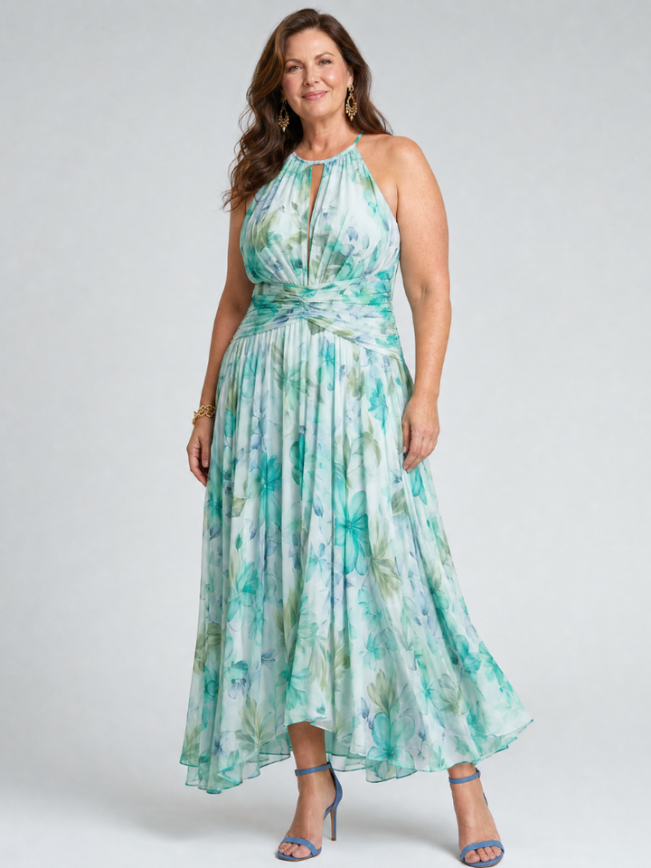 Portia | Geplooide Halter Midi-jurk met Zachte Bloemenpatroon