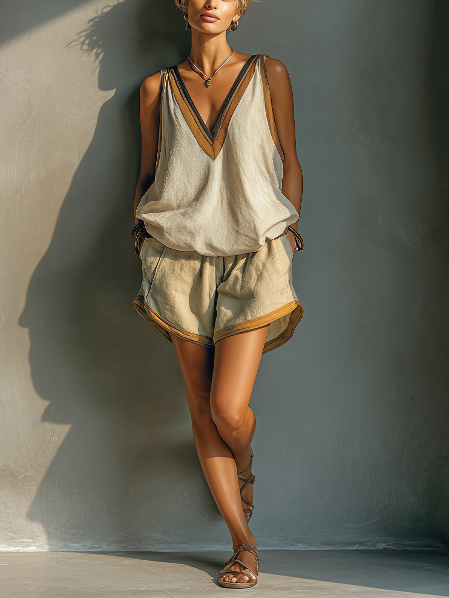 Dames Beige Linnenmix Contrast Trim V-Hals Tanktop & Khaki Korte Broek Twee-Delige Set MDZ2086C2T