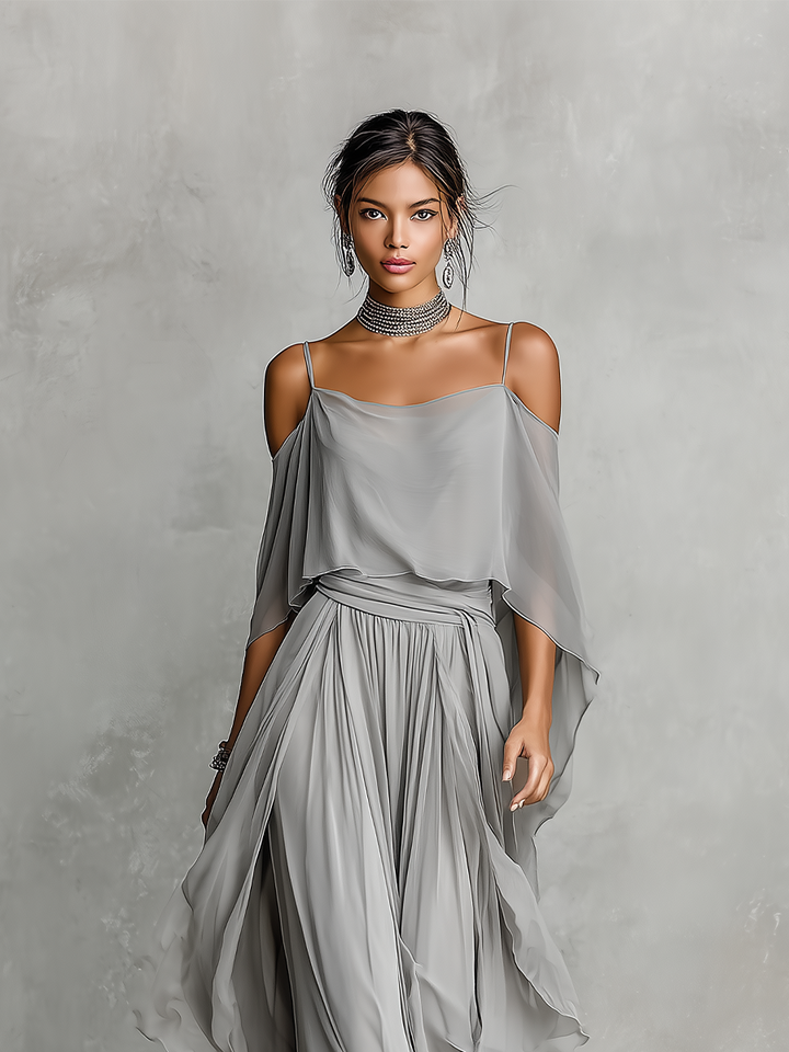Dames Grijze Ademend Chiffon Set Met Koude Schouder Detail & Flared Silhouette, Hedendaagse Luxe-Vrouwelijke Stijl Set MDZ2651B6I