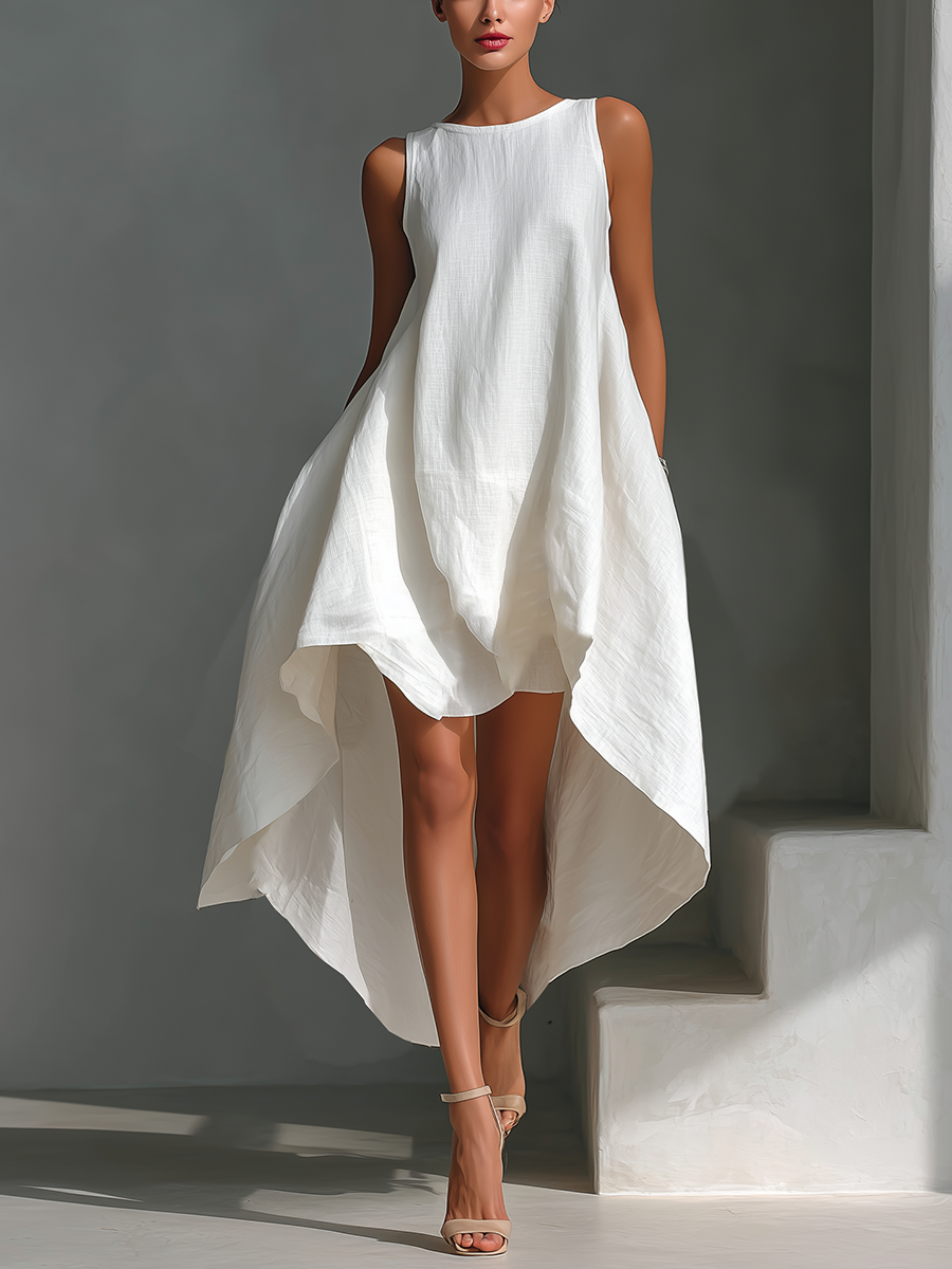 Vrouwen Witte Linnen Stoffen Mouwloze Midi Jurk Met Ronde Hals & Asymmetrische Zoom MDZ0987B9T