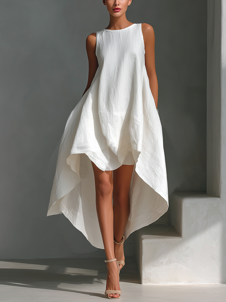 Vrouwen Witte Linnen Stoffen Mouwloze Midi Jurk Met Ronde Hals & Asymmetrische Zoom MDZ0987B9T