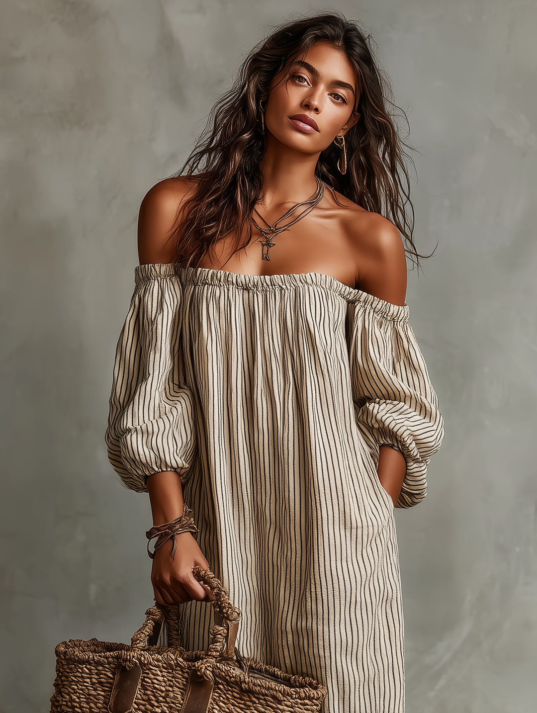 Vrouwen Vakantie Katoen-linnen Mix Off-shoulder Lange Mouwen Maxi Jurk MDZ0481B5Y