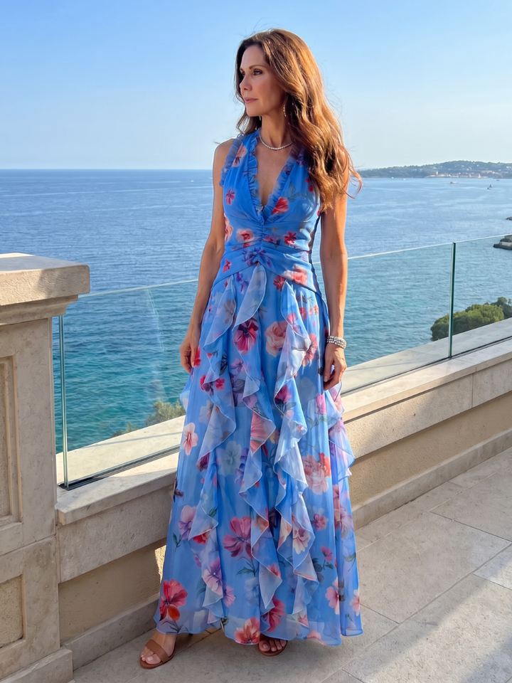 Nori | Halter Neck Gerimpelde Bodice Bloemen Maxi Jurk