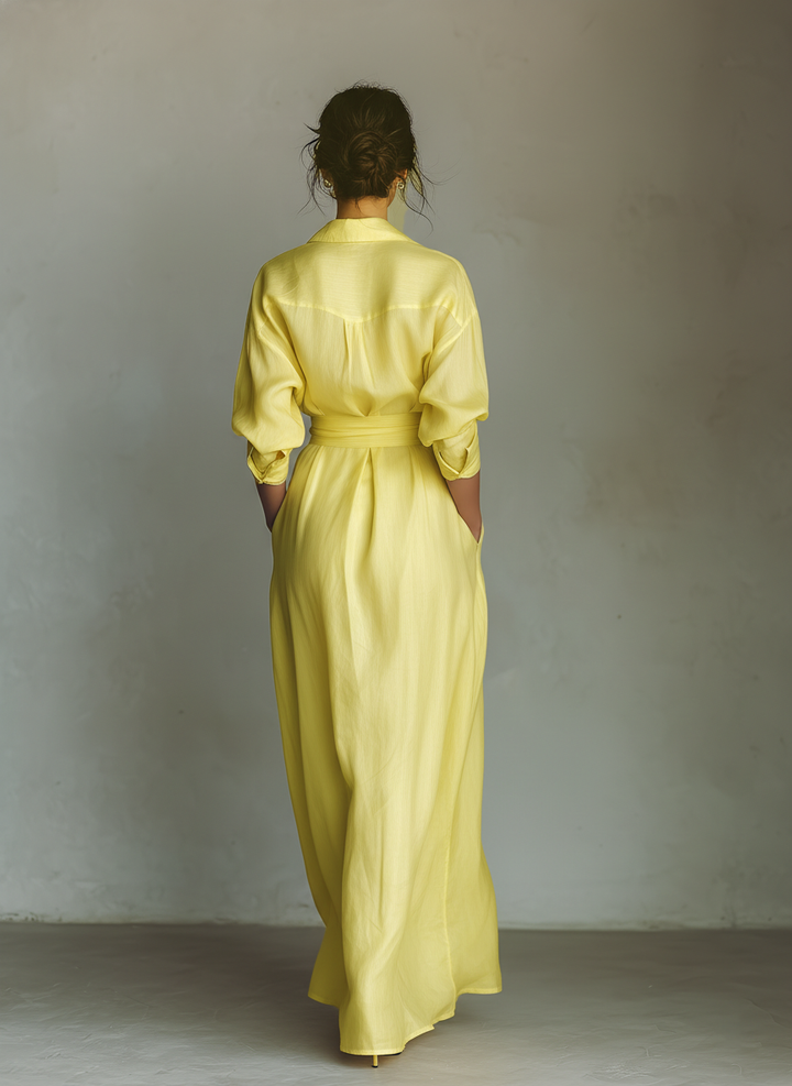 Dames Maxi Shirt Jurk In Citroengeel Katoen En Linnenmix Met Strik Taille & Halve Mouwen MDZ2884A4T