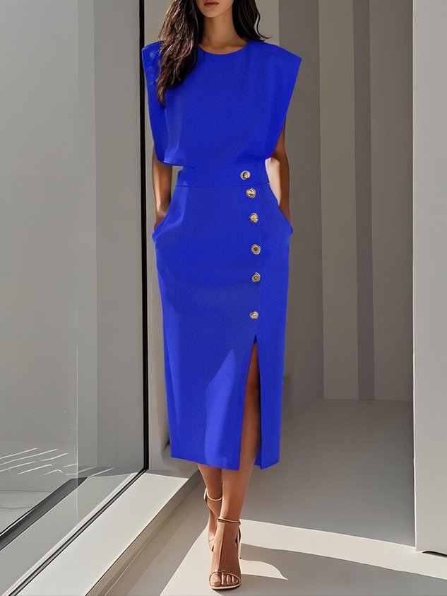 Malene™ | Effen midi-jurk met knoopsluiting en ronde hals