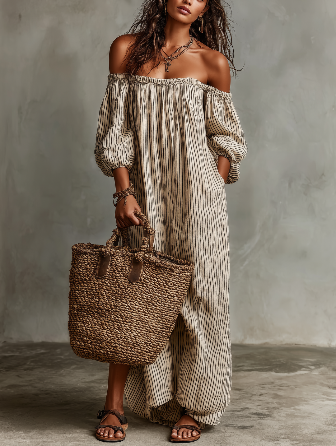 Vrouwen Vakantie Katoen-linnen Mix Off-shoulder Lange Mouwen Maxi Jurk MDZ0481B5Y