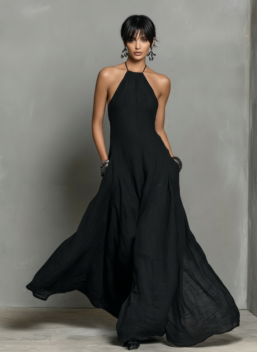 Dames Minimalistische Linnenmix Halternek Mouwloze Maxi Jurk MDZ2210A0Y