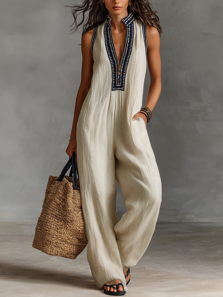 Dames Minimalistische Linnenmix Mouwloze Jumpsuit Met Rits En Staande Kraag, Met Borduursel MDZ0627B3Y