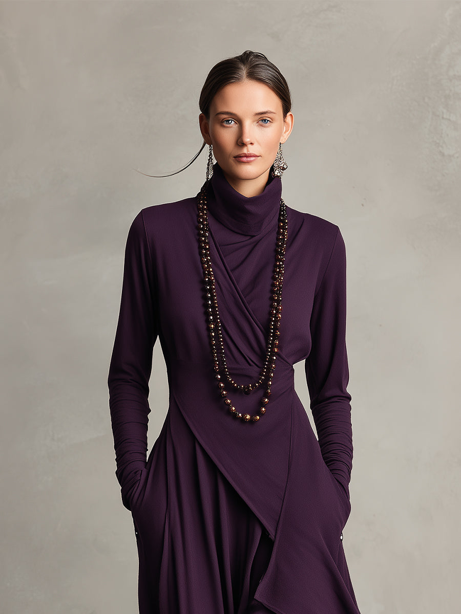 Dames Paarse Boheemse Katoenen Stretch Col Asymmetrische Geplooide Maxi Jurk MDA2055J9I