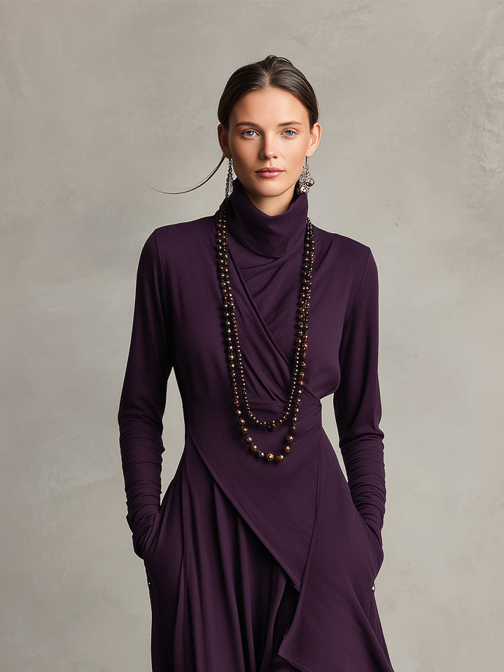 Dames Paarse Boheemse Katoenen Stretch Col Asymmetrische Geplooide Maxi Jurk MDA2055J9I