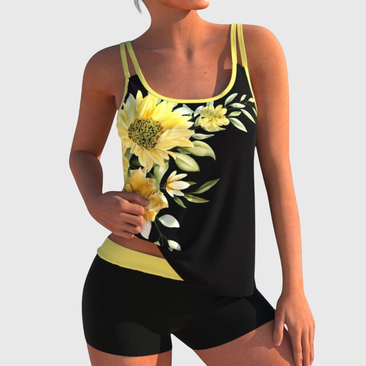 Flor – Bloemen tankini met short, effect platte buik