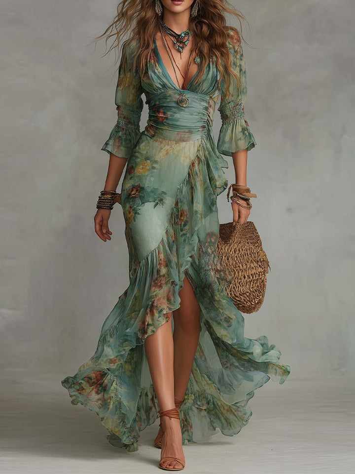 Aurora - lange boho bloemenjurk met romantische asymmetrische zoom