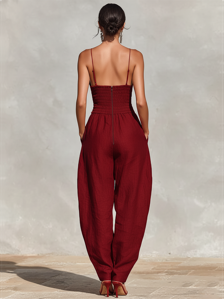Dames Rode Linnen Jumpsuit Met Spaghetti Bandjes & Hoge Taille Plissé Broek, Tijdloze Romantisch-Elegante Stijl Jumpsuit MDZ1915C8I
