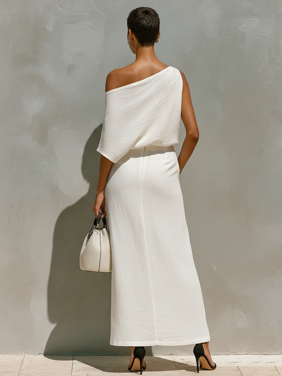 Dames Witte Linnen Set Met Eén-Schouder Knoopdetail & Voorsplit, Tijdloze Minimalistische Resortstijl Set MDZ2796C6I