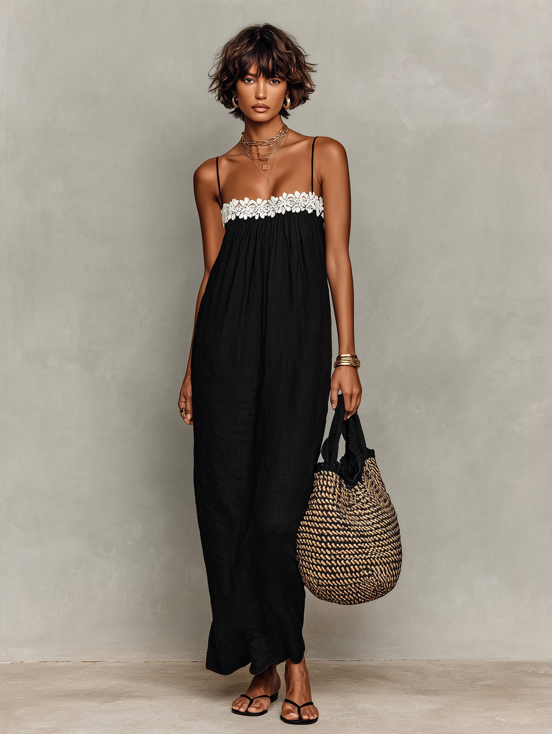 Vrouwen Minimalistische Linnenmix Strapless Maxi Jurk met Spaghettibandjes MDZ1926C9Y