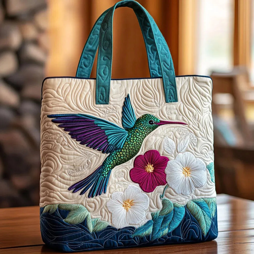 Gequilt tote bag - Kolibrie en Witte Bloem