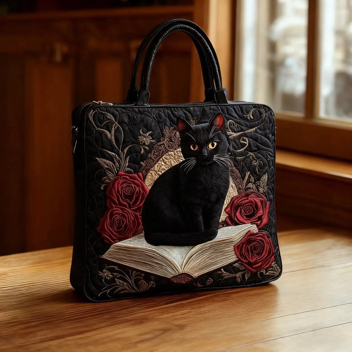 Handgemaakte gewatteerde tas – Zwarte Kat op Boeken