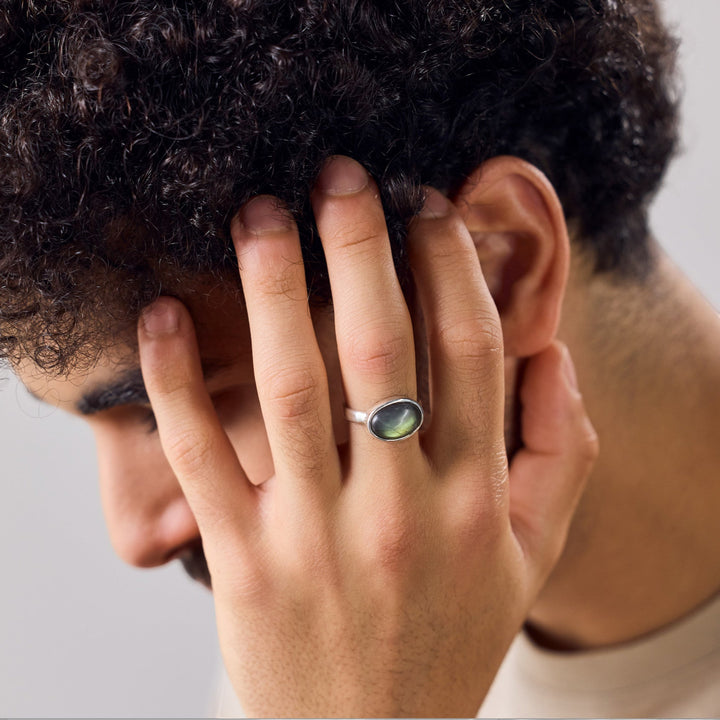 Grote ovale Labradoriet Ring 925 Sterling Zilver