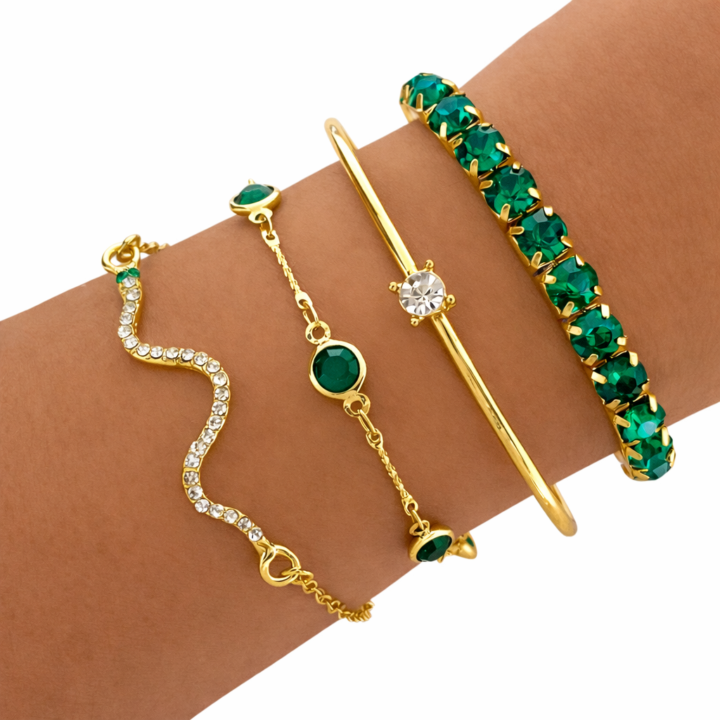 Luna | Set van elegante vintage groene armbanden met kristallen