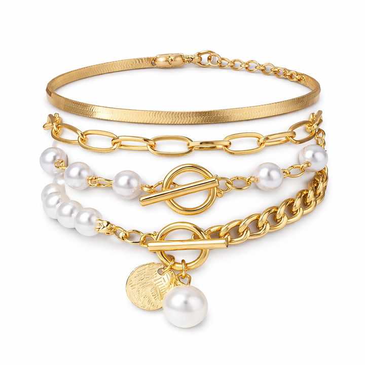 Chique gouden armbandenset (4 stuks) – slang, kralen en schakels