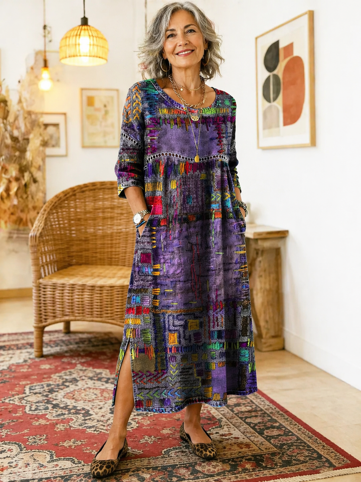 Manuela denim jurk met etnische patchwork
