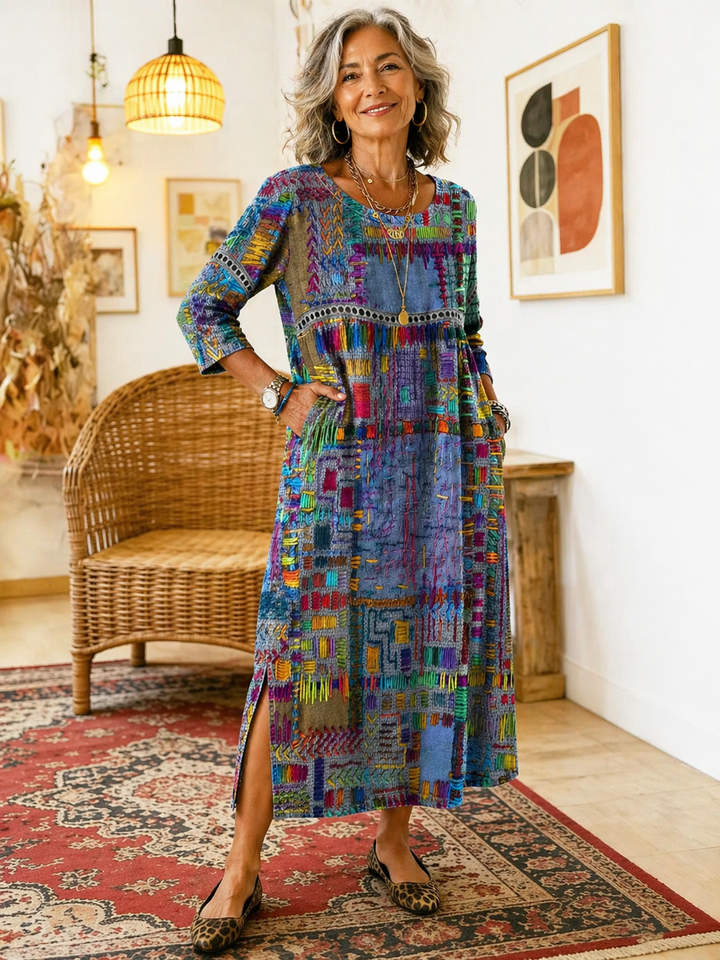 Manuela denim jurk met etnische patchwork