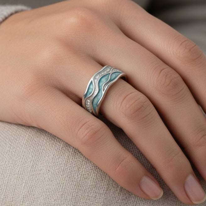 Elegante Turquoise Zilveren Golvenring