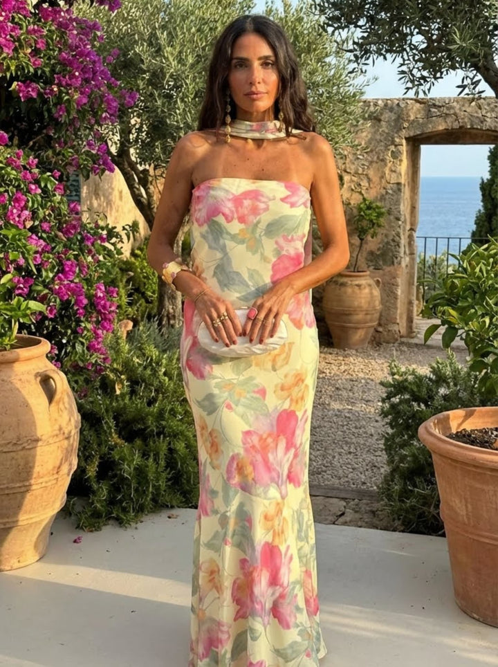 Wilma │Strapless Bloemen Waterverf Lange Jurk