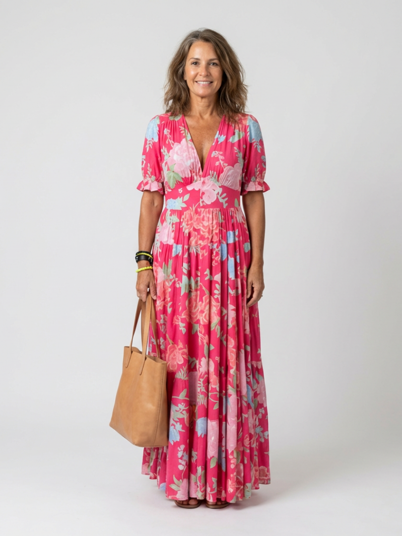 Ione | Korte mouwloze V-hals bloemen midi-jurk