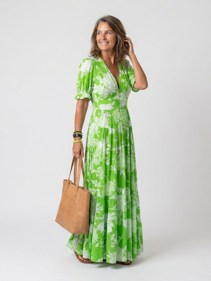 Ione | Korte mouwloze V-hals bloemen midi-jurk