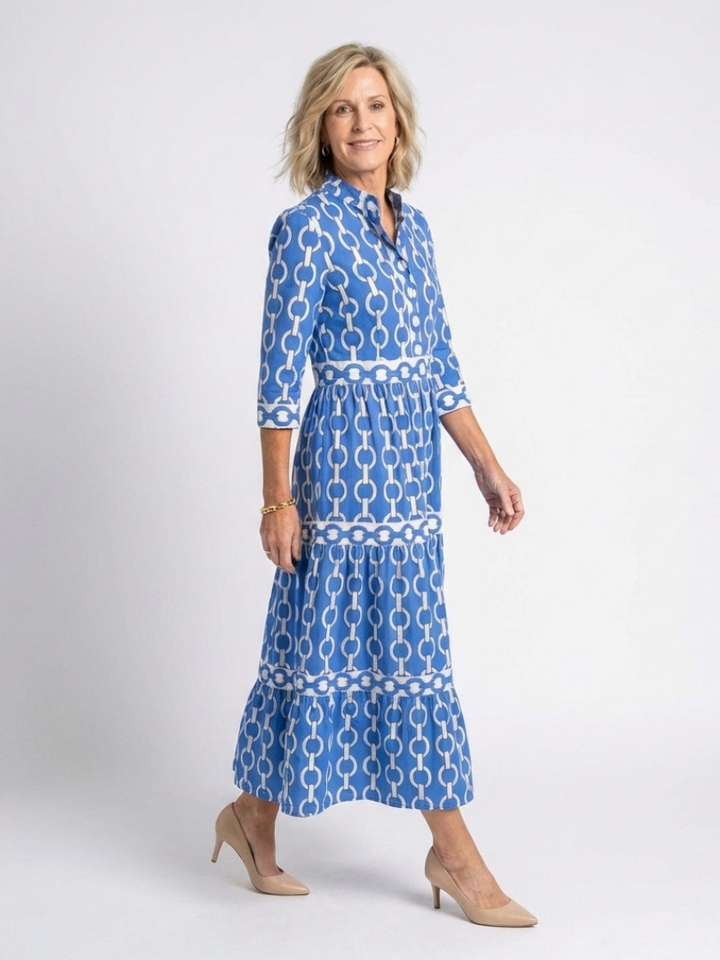 Ysolde | Midi-jurk met 3/4-mouwen en kettingpatroon